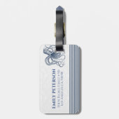 Wit met marineblauw octopus en stripes bagagelabel (Achterkant verticaal)