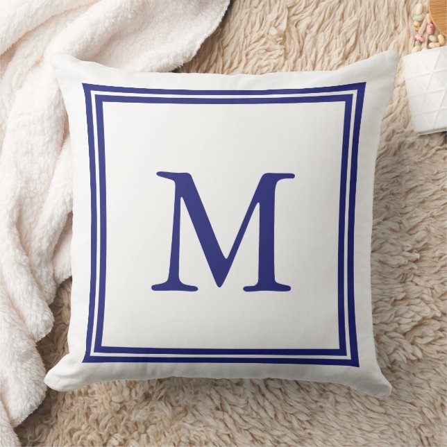 Wit met nautisch blauwe dubbele frame monogram kussen (Deken)