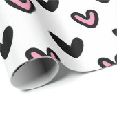 Wit met roze en zwarte harten cadeaupapier (Rol Hoek)