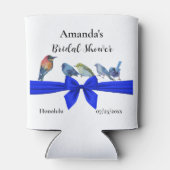 Wit met Vogels op een Blauw Lint Bruidsfeest Blikjeskoeler (Achterkant)