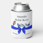 Wit met Vogels op een Blauw Lint Bruidsfeest Blikjeskoeler (Blikje Achterkant)