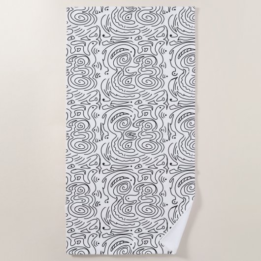 Wit met zwarte Abstracte golvende lijn Strandlaken (Voorkant)