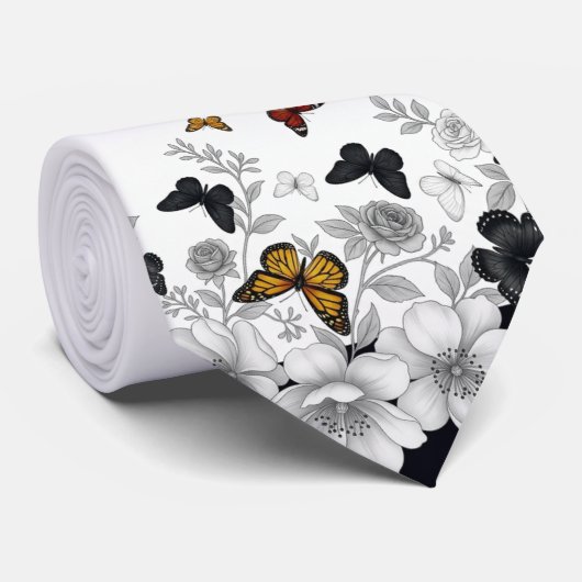 Wit met zwarte bloemen en vlinders stropdas (Opgerold)