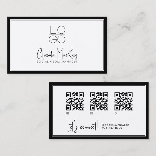 Wit met zwarte rand, Key Line Script 3 QR-code Visitekaartje (Voorkant / Achterkant)