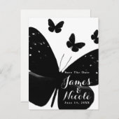 Wit met Zwarte Vlinders Save the Date Aankondigingskaart (Voorkant / Achterkant)