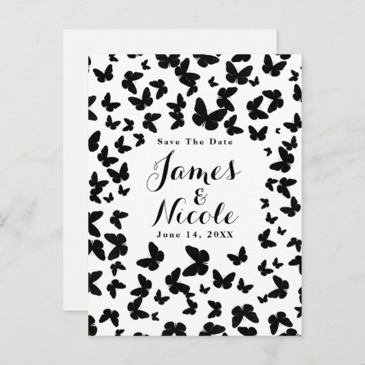Wit met zwarte vlinders Sla de datum op Aankondigingskaart (Voorkant / Achterkant)