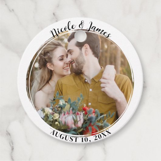 Wit Minimaal Trendy Ronde Foto Bruiloft Favor Bedankjes Labels (Voorkant)