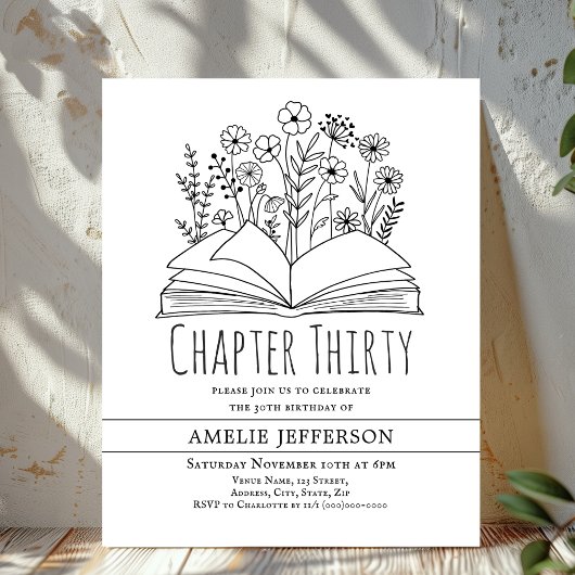 Wit minimalistisch boek 30ste verjaardag uitnodigi