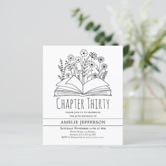 Wit minimalistisch boek 30ste verjaardag uitnodigi (Staand voorkant)
