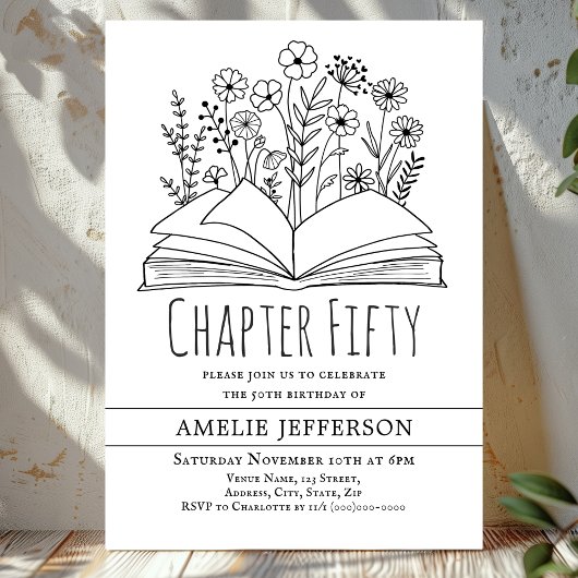 Wit minimalistisch boek 50ste verjaardag kaart