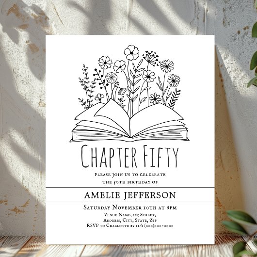 Wit minimalistisch boek 50ste verjaardag uitnodigi