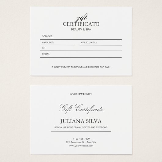 Wit Minimalistisch Elegant Beauty Cadeaubon Visitekaartje (Voorkant /achterkant)