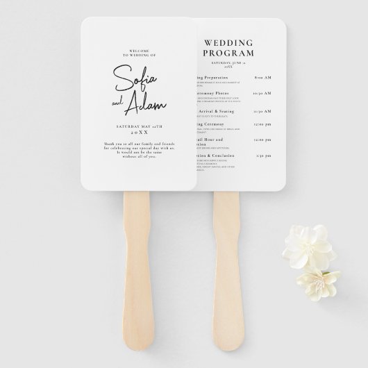 Wit Minimalistisch Elegant Huwelijksprogramma Handwaaier (Voorkant en achterkant)