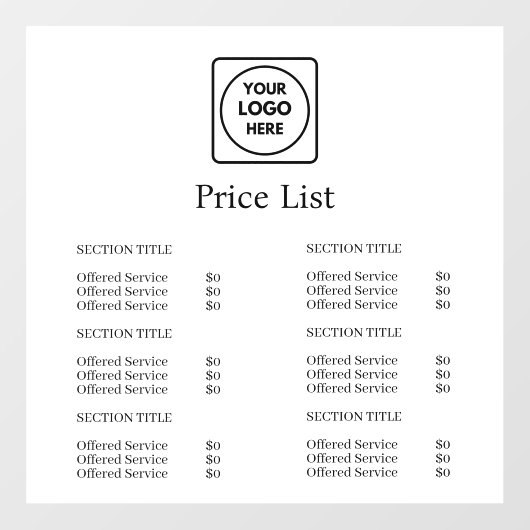 Wit Minimalistisch Logo | Moderne Prijslijst Weerg Raamsticker (Vel)