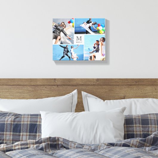 Wit Minimalistisch Monogram Bruiloft 4 Fotocollage Canvas Afdruk (Insitu (Slaapkamer))