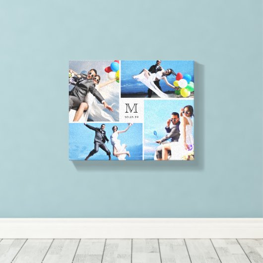 Wit Minimalistisch Monogram Bruiloft 4 Fotocollage Canvas Afdruk (Insitu (Houten vloer))