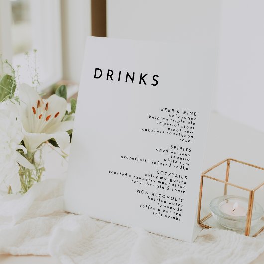 Wit Modern Bold Bruiloft Drinken Menu Reclamebord Met Voetstuk