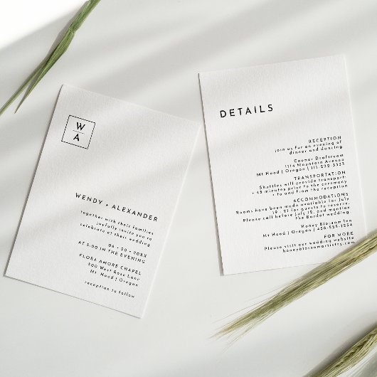 Wit Modern Bold Monogram Crest Bruiloft Details Kaart