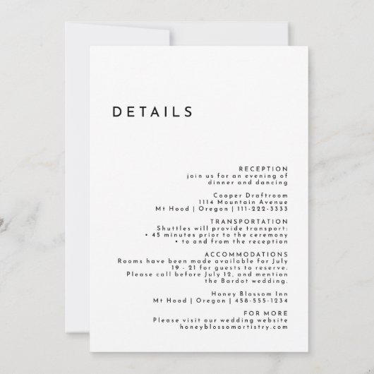 Wit Modern Bold Monogram Crest Bruiloft Details Kaart (Achterkant)