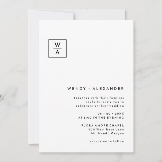 Wit Modern Bold Monogram Crest Bruiloft Kaart (Voorkant)
