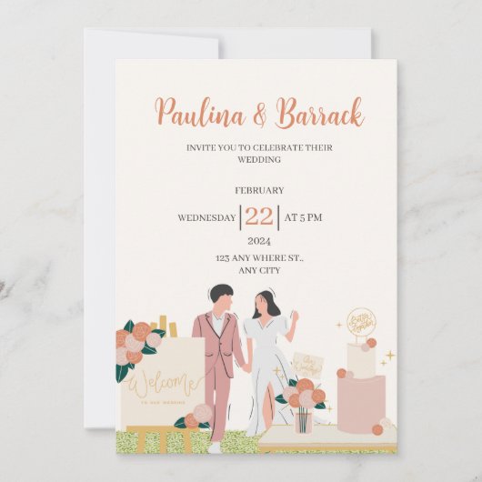 Wit Modern Gepersonaliseerd Roze Bruiloft Kaart (Voorkant)