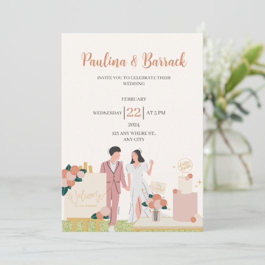 Wit Modern Gepersonaliseerd Roze Bruiloft Kaart (Staand voorkant)