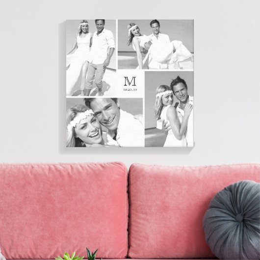 Wit Modern Grid Monogram Bruiloft 4 Fotocollage Canvas Afdruk (Insitu (Woonkamer))