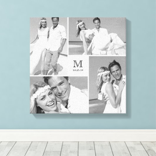 Wit Modern Grid Monogram Bruiloft 4 Fotocollage Canvas Afdruk (Insitu (Houten vloer))