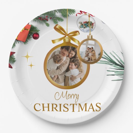 Wit Modern Merry Christmas 9" rond papier Bord (Voorkant)