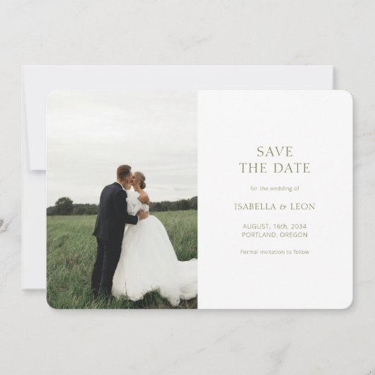 Wit | Modern Olijfgroen Roos Save the Date Kaart (Voorkant)