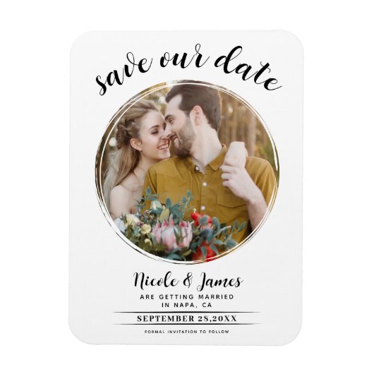 Wit modern rond foto save the date magneet (Verticaal)