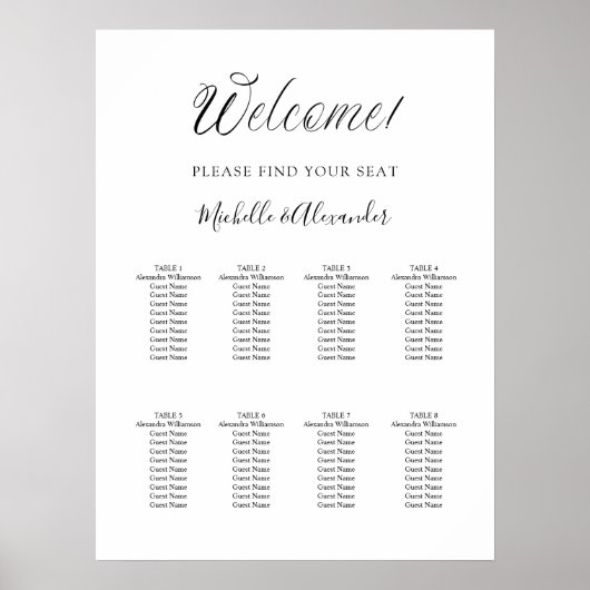 Wit modern script 8 tafels bruiloft zitgrafiek poster (Voorkant)