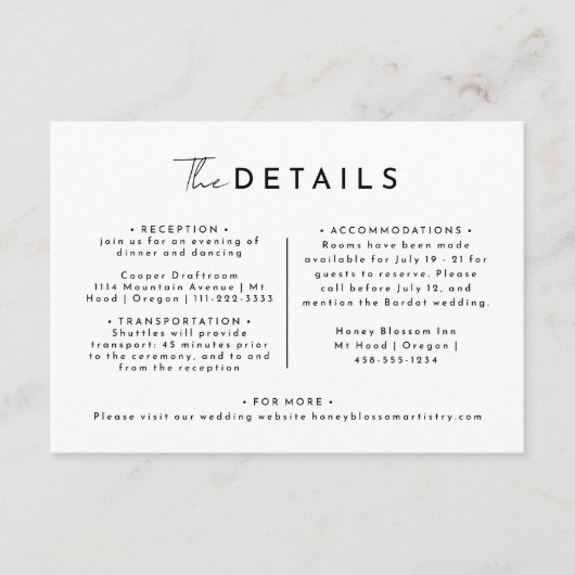 Wit Modern Script bruiloft details Informatiekaartje (Voorkant)