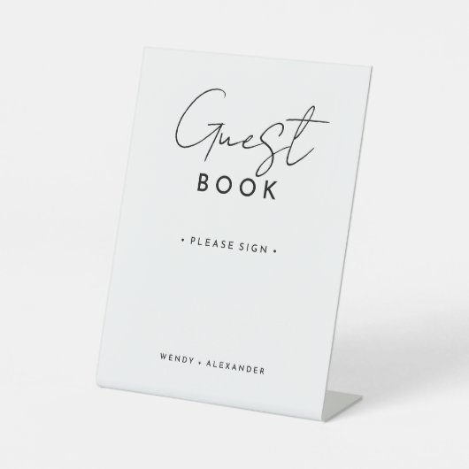 Wit Modern Script Bruiloft Gast Boek Sign Reclamebord Met Voetstuk (Voorkant)