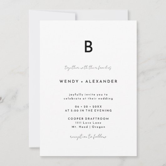 Wit Modern Script Monogram Bruiloft Details en Kaart (Voorkant)