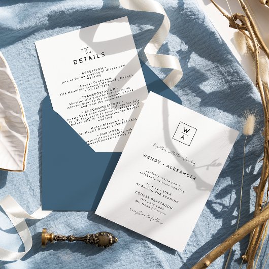 Wit Modern Script Monogram Crest Bruiloft Details Kaart