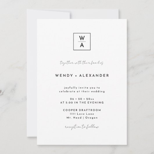 Wit Modern Script Monogram Crest Bruiloft Details Kaart (Voorkant)