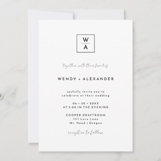 Wit Modern Script Monogram Crest Bruiloft Kaart (Voorkant)