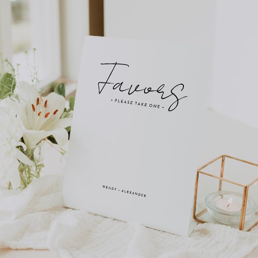 Wit Modern Script Wedding Favors Reclamebord Met Voetstuk