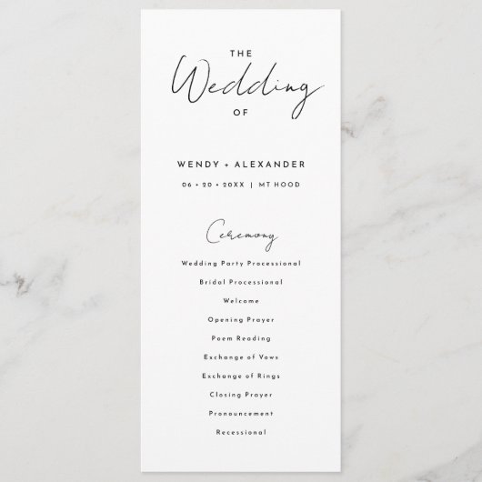 Wit Modern Script Wedding Flat Programma Programmakaart (Voorkant)