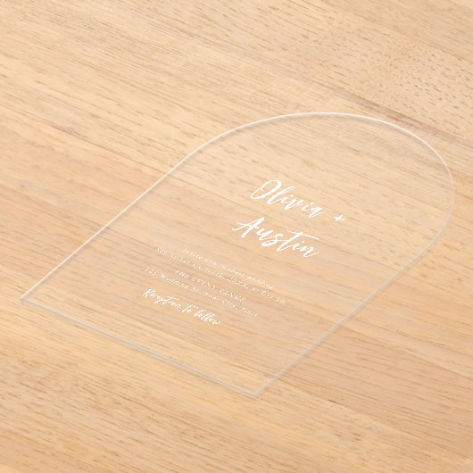 Wit Moderne Chic Script Minimalistische Trouwdag Acryl Uitnodigingen (Laagn)