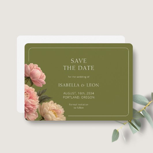 Wit | Moderne olijfgroene roos save the date Kaart