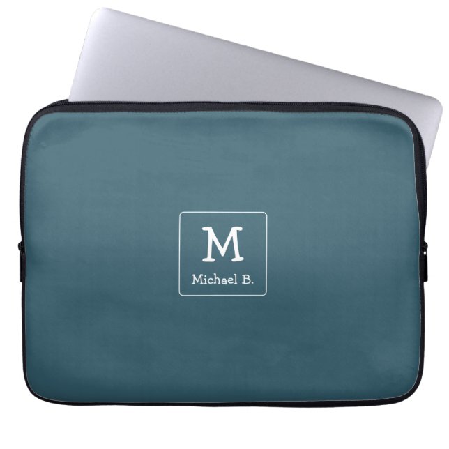 Wit Monogram en Naam op Blauw Laptop Sleeve (Voorkant)