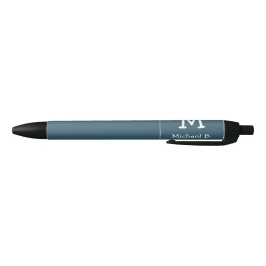 Wit Monogram en Naam op Blauw Rond Plein Zwarte Inkt Pen (Bodem)