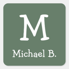 Wit Monogram en Naam op Groen Rond Plein Vierkante Sticker