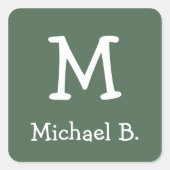 Wit Monogram en Naam op Groen Rond Plein Vierkante Sticker (Voorkant)