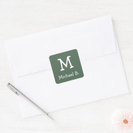 Wit Monogram en Naam op Groen Rond Plein Vierkante Sticker
