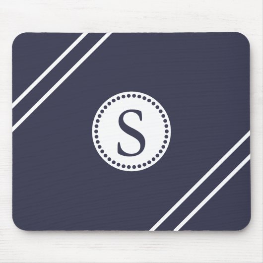 Wit Monogram met Blauwe en Witte Strepen Muismat (Voorkant)