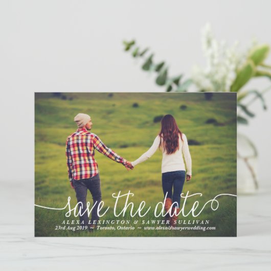 Wit Mooie kalligrafie foto Save The Date (Staand voorkant)