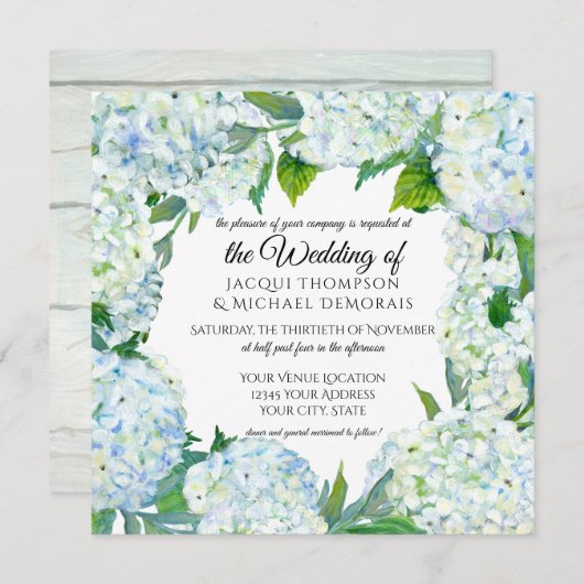 Wit n Blauw Hydrangea Krans Bloemenhout Kaart (Voorkant / Achterkant)